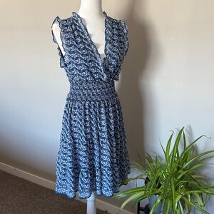 Max Studio NEW Blue Smocked Ruffle Dress SZ M geometric floral wedding guest
